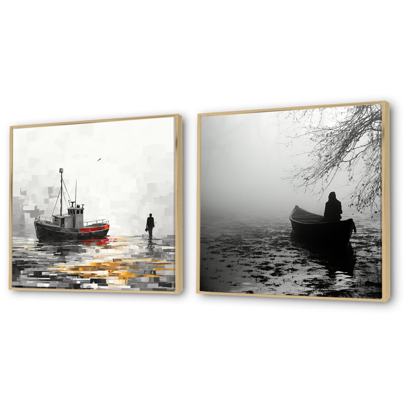 «Grey Lonely Vessel Boating I» - ensemble d'art mural sur toile bord de mer, Cadre flottant brun