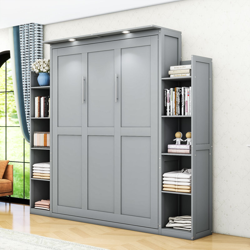 Lit escamotable Dannen avec lumières DEL et tablettes réglables, Gris, Plein