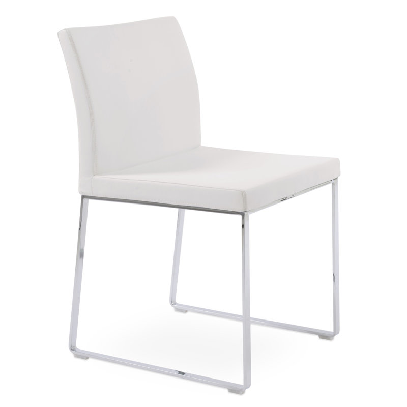 Aria Metal Upholstered Back Dining Chair, White Faux Leather, Chrome