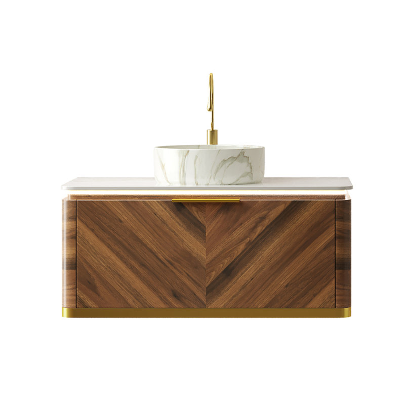 Meuble-lavabo de salle de bain 36 po DIPA, meuble de rangement flottant en contreplaqué avec capteur de lumière, tiroir, vasque ronde en céramique blanche à motif de pierre et plateau en pierre frittée, pré-assemblé, couleur grain de bois noyer foncé