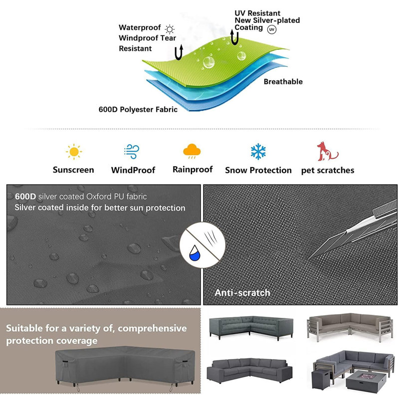 Gray 100" Waterproof V-Shaped Outdoor Sectional Sofa Cover