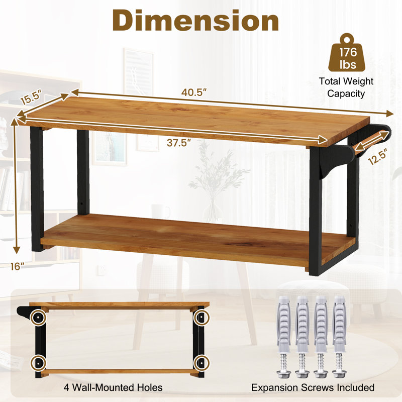 Support de rangement de 40,5 po de long à 2 niveaux avec tablettes flottantes murales