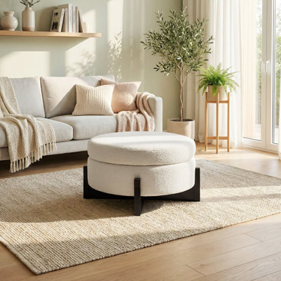 Round Storage Ottoman With Removable Lid, Under-seat Storage & Fold-out Solid Wood Legs, Sherpa Upholstered Multifunctional Stool
