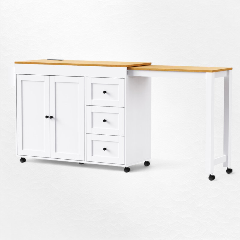 Îlot de cuisine de 48,8 po de largeur avec comptoir extensible, Blanc