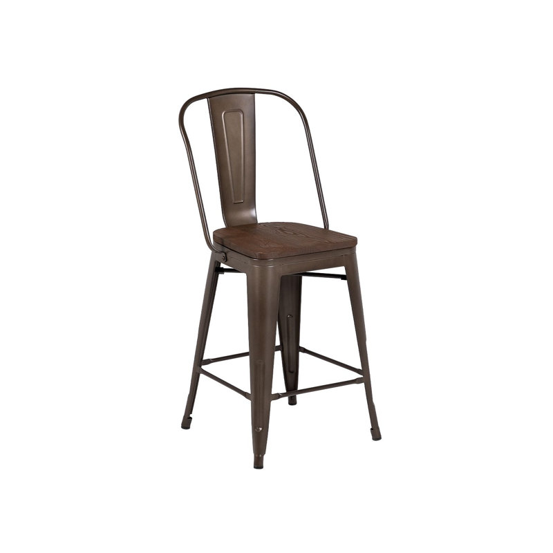 Aemtenan Counter Stool with Metal Frame, Gunmetal Matte Frame And Dark Elm Seat
