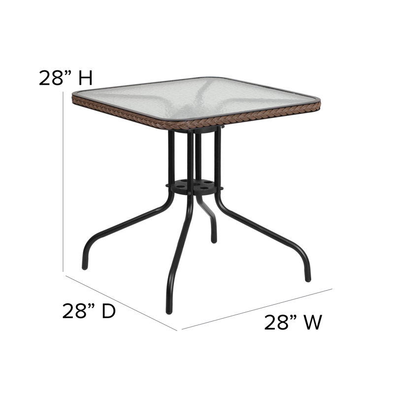 28'' Square Tempered Metal Table with Rattan Edging, Dark Brown