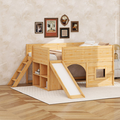 Full Size Loft Bed With Slide & Storage Shelves,Wooden Low Loft Bed Frame With Safety Guardrails & Ladder,Playhouse Beds With Door And Window