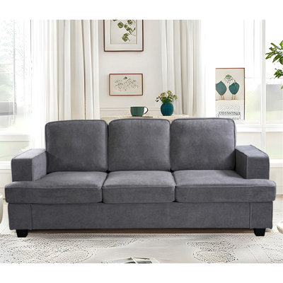 Canapé 3 places moderne en velours gris avec mousse haute et coussins de dossier lâches pour le salon gris, mousse profonde, bureau, chambre, invité