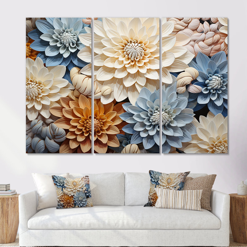 «Simplicity Mums Bloom» en beige et bleu pâle - ensemble d'art sur toile Mums, Toile tendue, H 40 po x l 60 po x P 1 po
