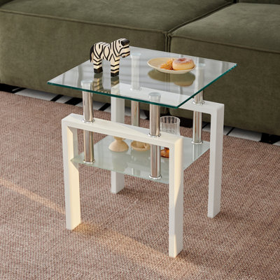White Tempered Clear Glass End Table - 2-Layer Small Table With Storage