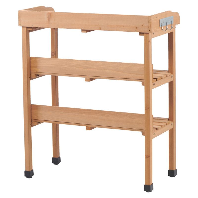 30X14.535.5 Three - Layer Solid Wood Potting Table With Metal Top, Outdoor Work Bench For Garage And Diy Projects, With Built In Hooks Adjustable Feet Functionality 30.5L 14.6W 35.5H Tier Gardening