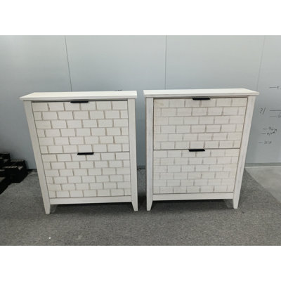 Armoire à chaussures 31,5 pouces rétro blanche autoportante avec 2 tiroirs rabattables, style Mid-Century rétro, convenant au couloir et au vestibule, pieds en bois massif, tablettes réglables, dispositif de basculement, facile à