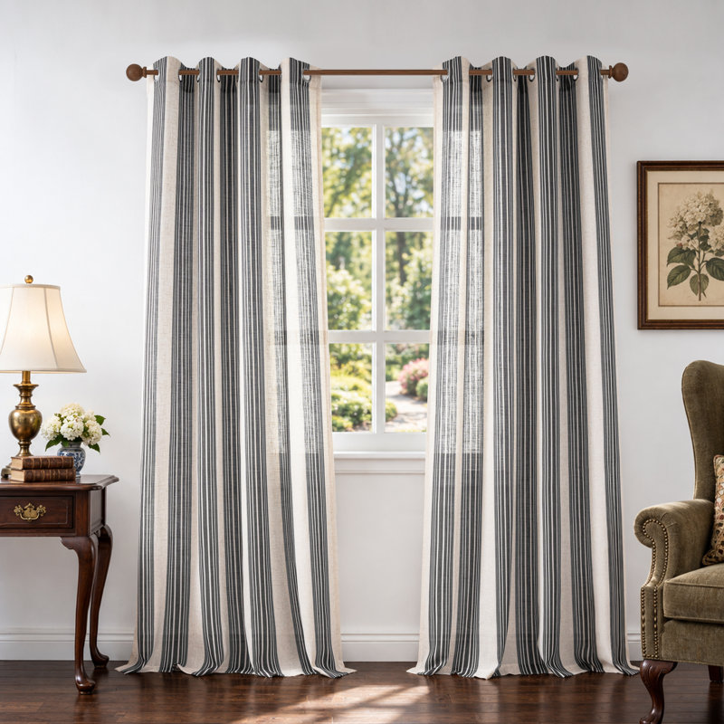 Rideaux semi-transparents en lin avec motif à rayures Chris, Gris, L 52 po x L 84 po