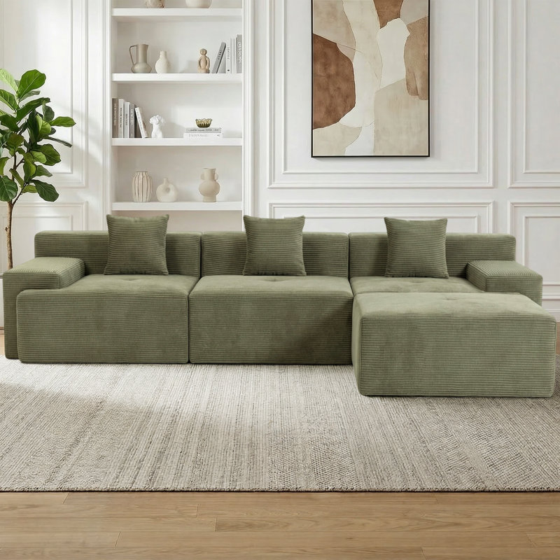 Canapé modulaire de 119 po en forme de nuage, canapé modulaire en forme de L sans os avec méridienne, combinaison de modules flexibles pour le salon, sans assemblage, vert