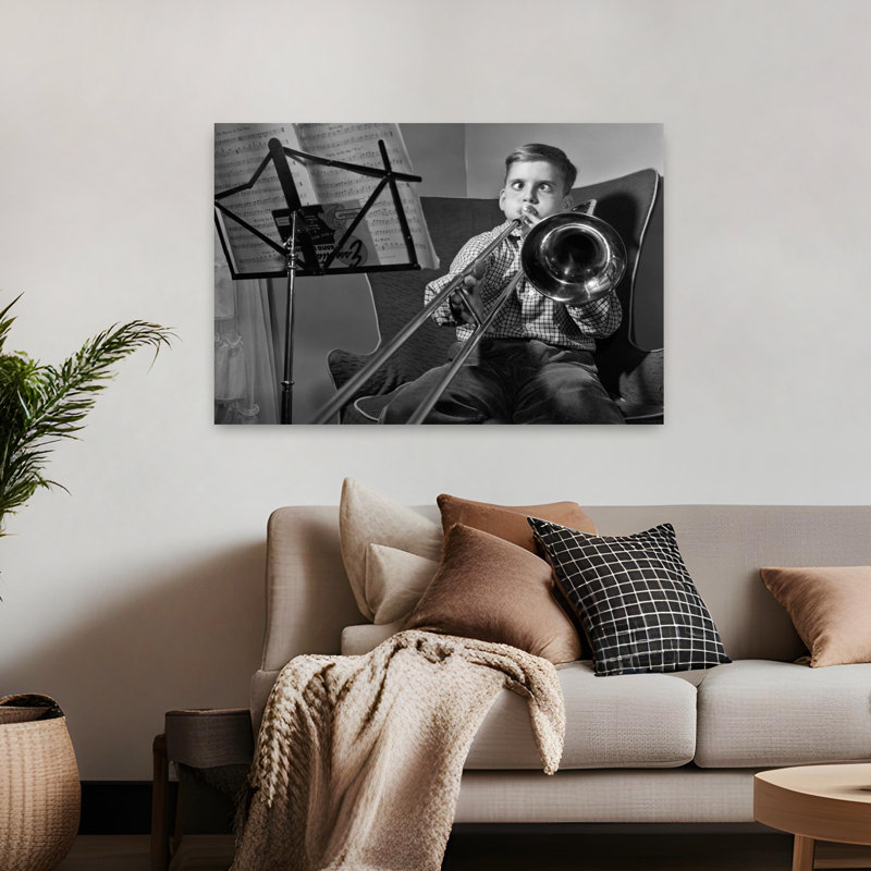 1950s, amusant, croisé, garçon, jouer, diapositive, trombone, rétro, rétro, art mural classique, 32" H x 48" W