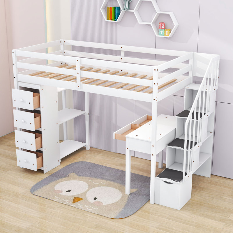 Lit mezzanine simple avec bureau intégré, tablettes, escaliers de rangement et tiroirs multiples, Blanc
