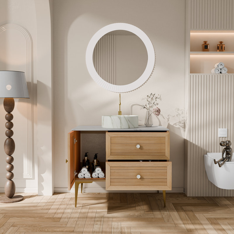 Meuble-lavabo autoportant de 36 po avec lavabo vasque en céramique blanche, plateau en pierre frittée et rangement à fermeture en douceur - finition grain de bois de chêne