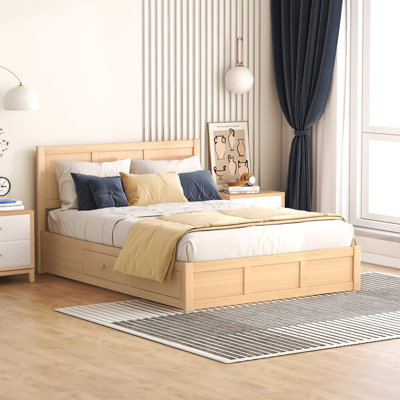 Grand lit plateforme en bois avec rangement en dessous et 2 tiroirs, couleur bois