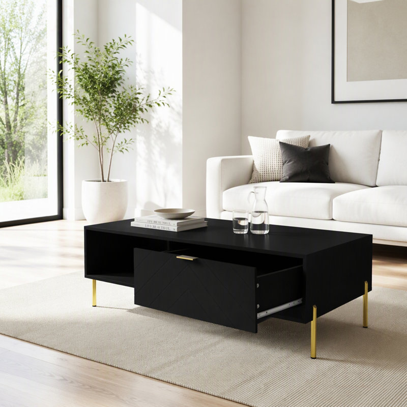 Table basse Mid-Century moderne avec tiroirs doubles, Noir, noir, noir, noir