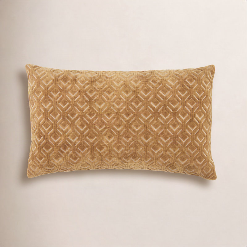 Ryans Embroidered Cotton Reversible Throw Pillow, Gold Trellis, Down, Rectangle 13" H x 21" W