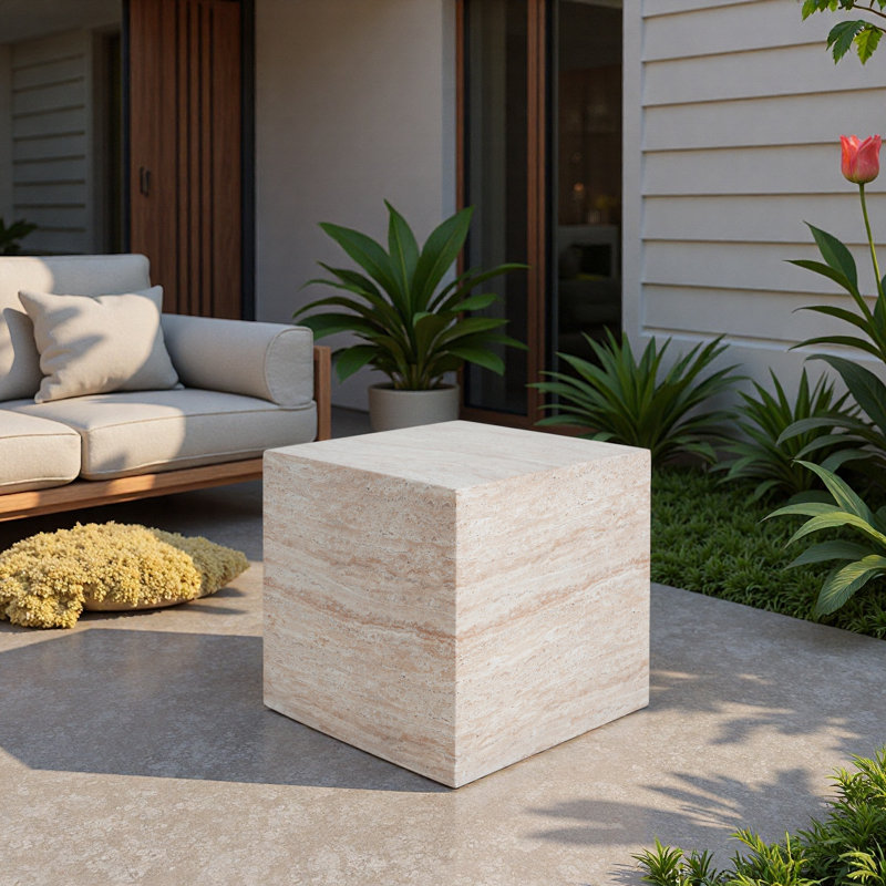 Outdoor/Indoor Square Travertine Lightweight Concrete Side Table