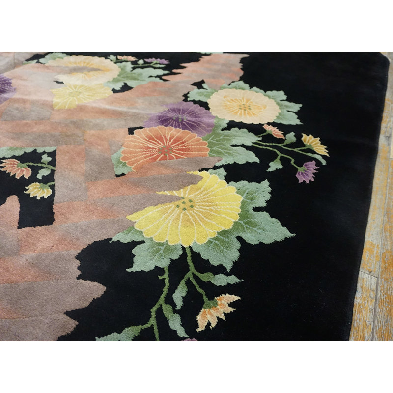 Wool Hand Knotted Pile 1920s Floral Medallion Antique Black Rectangle Rug