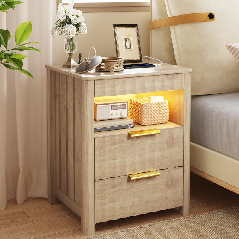  17.7'' W 2-Drawer Nightstand with LED Light and Charging Station, Wood