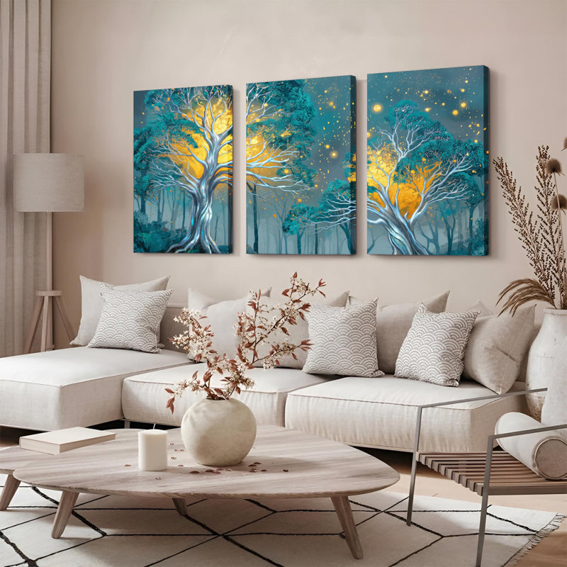 Ensemble de 3 tableaux sur toile « Forêt d'arbres fantastiques illuminée », 1218