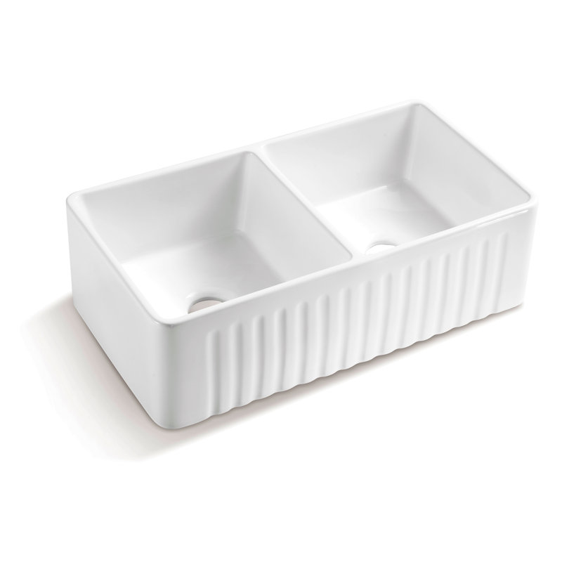 Évier de cuisine rectangulaire en céramique blanc à double cuve 33 * 18 * 10 "