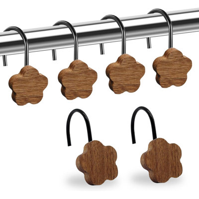 Wood Shower Curtain Hooks 12 Pack, Boho Wooden Curtain Rings For Bathroom,   Rustic Decorative Hooks For Bedroom Living Room Drapes