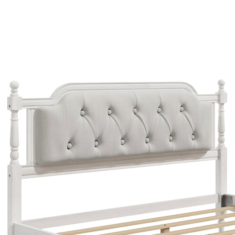 Antique White Headboard Bed Frame, Solid Wood, Queen, No Box Spring Required Queen Frame With Wood And Exquisite Headboard, Spring, Look