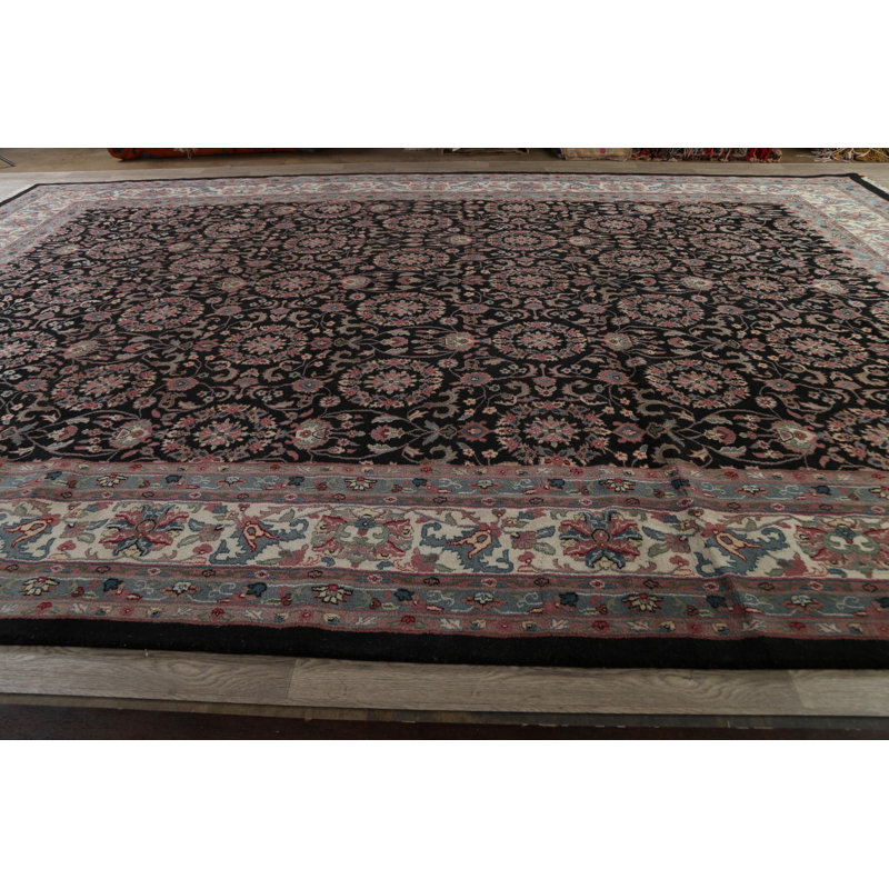 Tapis noir en laine noué à la main de conception unique 12 pi 0 po x 18 pi