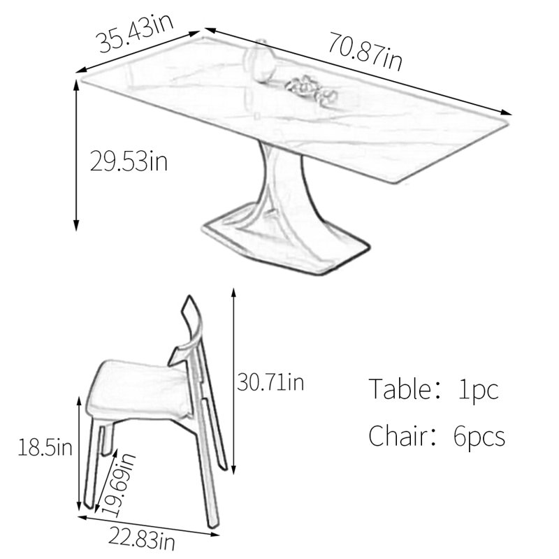 Ensemble de table de salle à manger rectangulaire en pierre frittée simple, H 29,53 po x L 70,87 po x l 35,43 po