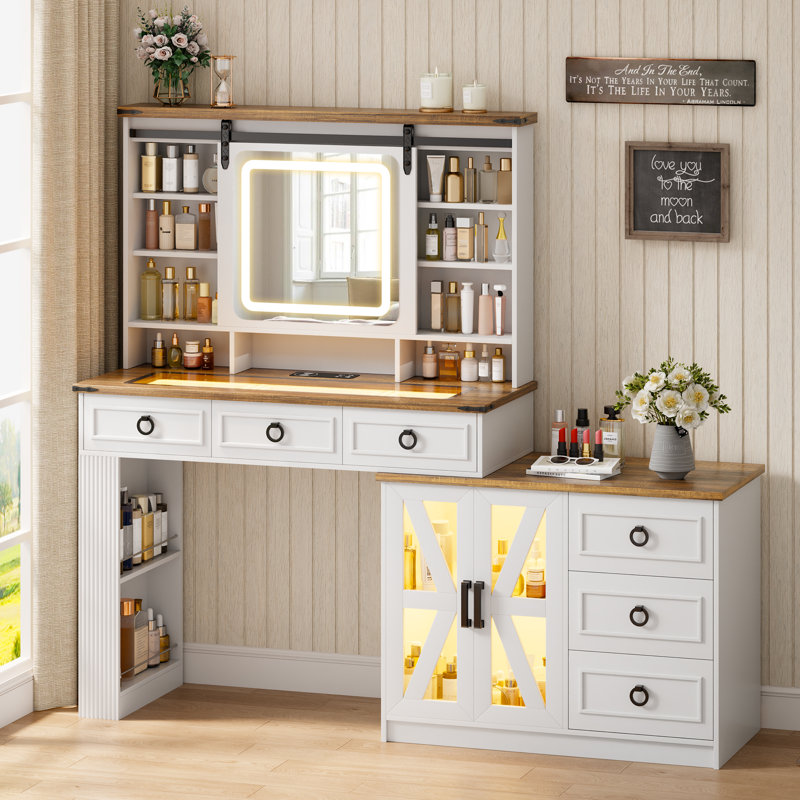 Aizley Lighted Mirror Makeup Vanity with Power Outlet, Oak/White