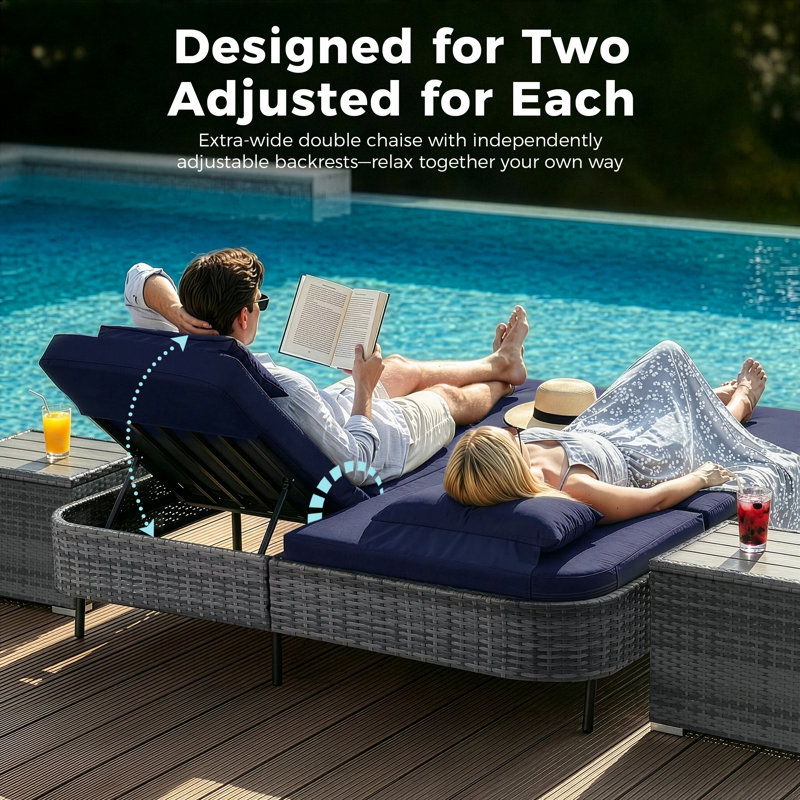 Outdoor Wicker Double Chaise Lounge Chair with Side Table & Cushions, Adjustable Reclining Back, Navy