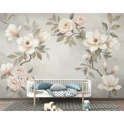Magnolia Wallpaper Wall Mural – Hand-Painted Watercolor Blossoms | Romantic Floral Wallpaper  (Non-Woven) 989DRS