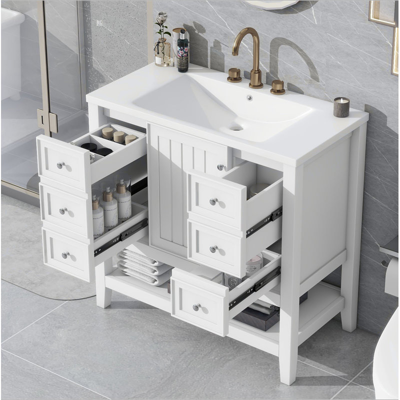 Meuble-lavabo 36 po avec lavabo, une armoire et trois tiroirs, panneau de bois massif et panneau de fibres à densité moyenne