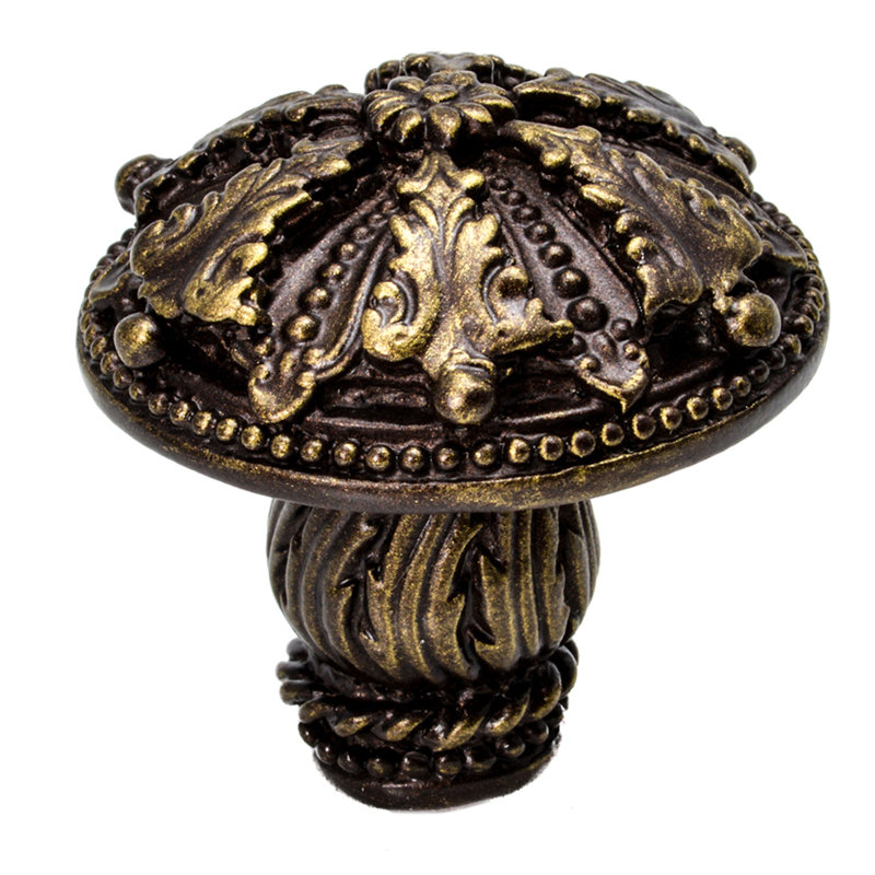 Acanthus large knob Renaissance style with feather scroll foot in Gilded Mercury, Antique Brass