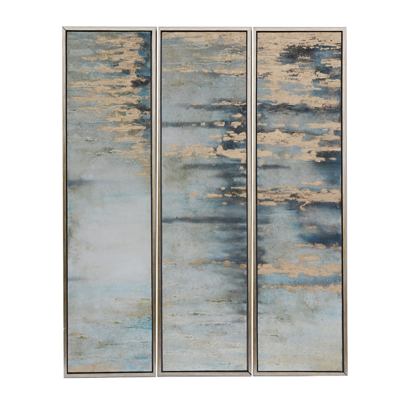 Azure Skies 3-Piece Contemporary Abstract Blue Wall Art, Framed Canvas Set