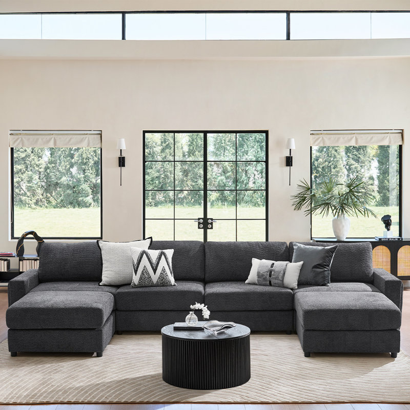 Grandon 162" Modern Modular Sectional Sofa with Two Ottomans, Gray Polyester