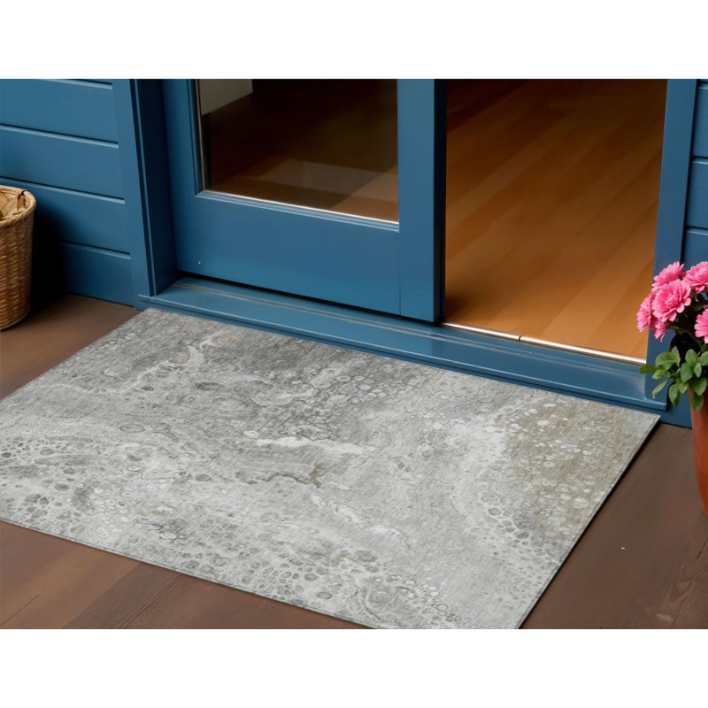 Tapis extérieur lavable abstrait gris argenté et taupe 3 pi x 5 pi
