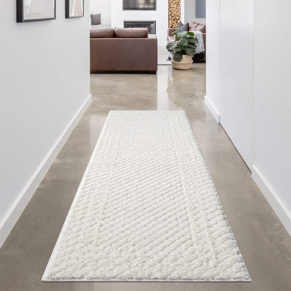 Teppich Focus 627 Hochflor Boho Wohnzimmer Weiß, Creme Hochtief-Muster/ 3D-Effekt Bordüre Buatti