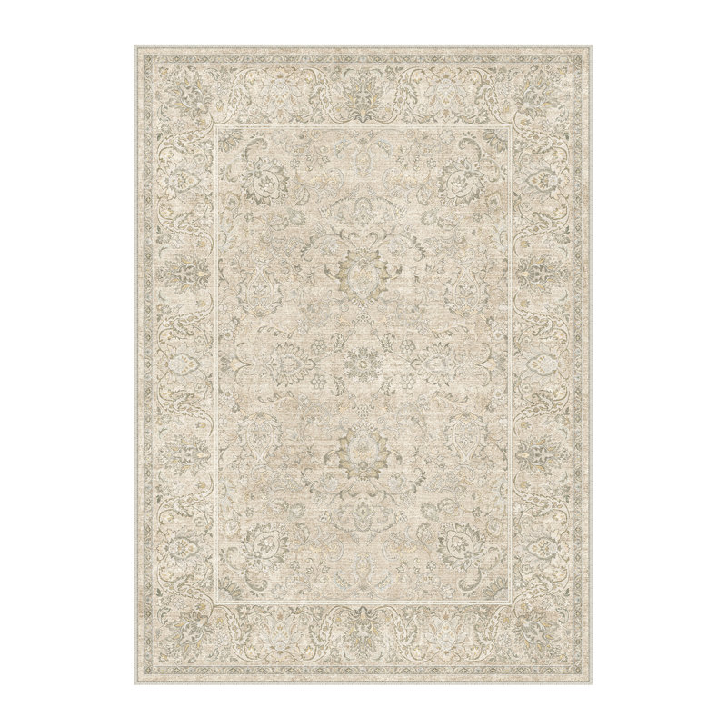 Tapis Elara Vintage Floral lavable à la machine avec envers antidérapant, Rectangle 6 pi x 9 pi, Beige