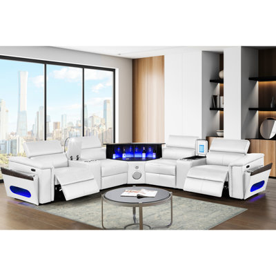 White Modern Sectional With 2 Consoles reading And Fridge , 4 Seats, Electric , Adjustable Headrests, Wireless Charging Pad, Ports, Audio System, Led Lit Lift - Up Bar, Storage 4 L-shaped In Power