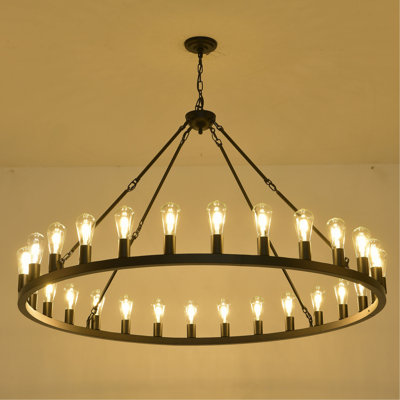 Lustre en forme de roue de wagon très large 53,15 pouces, 28 lumières de style campagnard rond industriel suspendu avec chaîne réglable, pour salle à manger, salon-E26