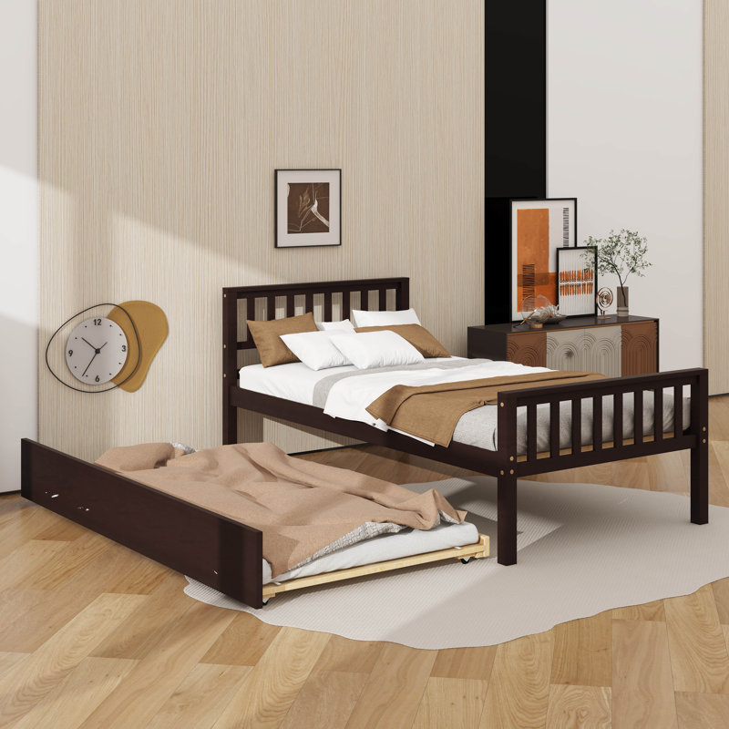 Structure de lit plateforme en bois robuste avec lit gigogne escamotable, Espresso