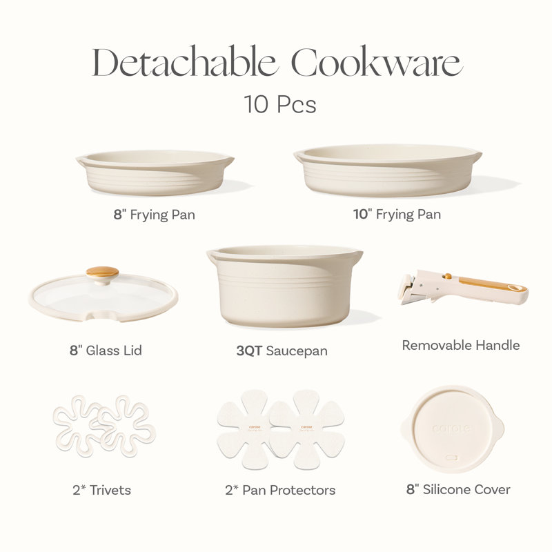 Ensemble de 10 casseroles et poêles antiadhésives avec poignée amovible CAROTE