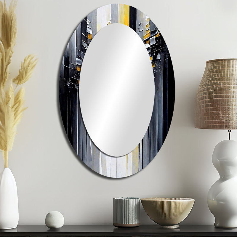 Miroir mural abstrait moderne noir et jaune à motif géométrique abstrait III, 36 po x 24 po