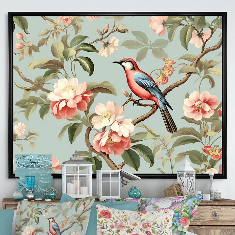 Chinoiserie, oiseaux et pivoines III sur toile, Cadre flottant noir, H 30 po x l 40 po x P 1,5 po