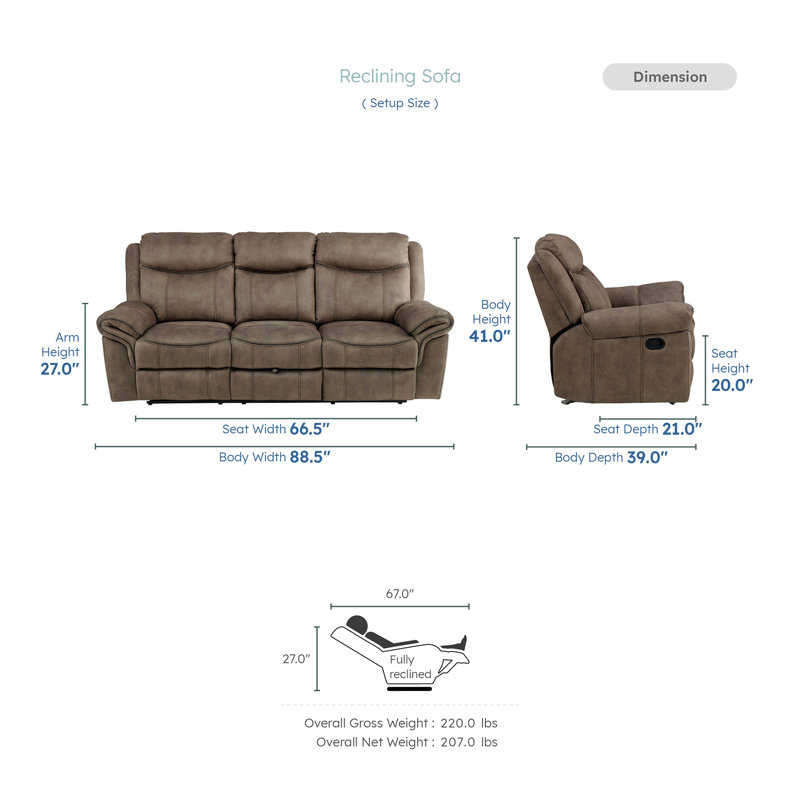 Canapé inclinable manuel moderne et contemporain de 88,5 po Bayshore avec porte-gobelets rabattables, récipients, tiroir caché et ports USB
